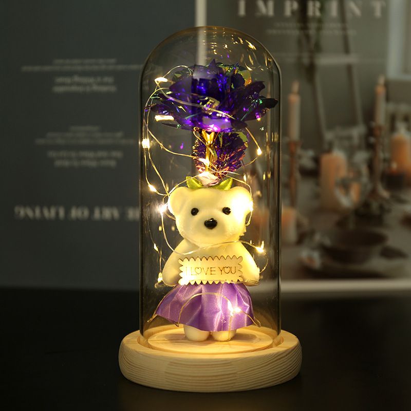 金箔花玻璃罩 小熊 紫花